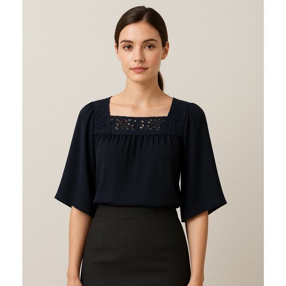 Rebecca Taylor Size 2 Lace Trim Silk Top Blouse Black Square Neck Short Sleeves - Picture 1 of 8